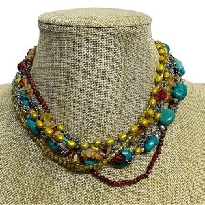Boho Multi Strand Beaded Necklace Red Teal Cream Southwestern Statement Jewelry